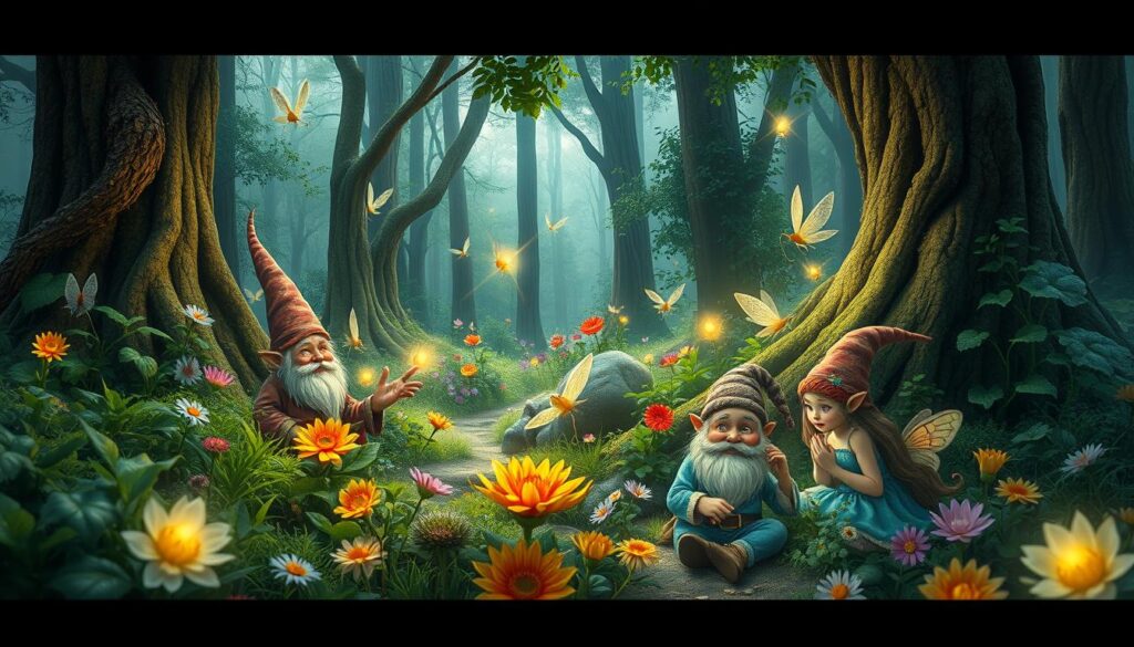 Gnomos, duendes e elfos na floresta